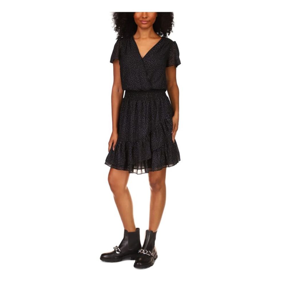 MICHAEL MICHAEL KORS Womens Black Lined Flutter Sleeve Short Faux Wrap Dress XS